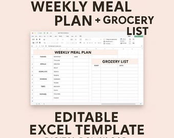 Weekly Meal Planner & Grocery List | Editable Excel | Google Sheets | Printable Meal Planning Template | Digital Download