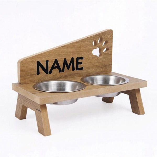 Personalized Wooden Water/Food Stand for Cat/Dog with 2 Bowls, Customized Cat Bowls, Gift for Cat/Dog/Pet Lover, Raised Pet Bowls