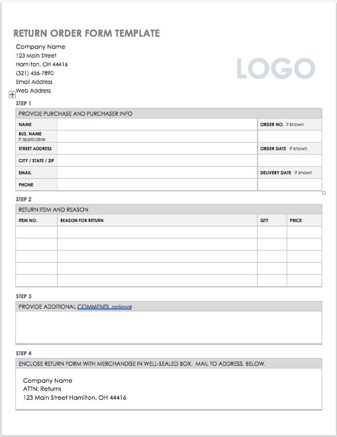 File A Return Template Order Return Template, Delivery Form, Order Form Editable, Merchandise ...