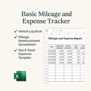 Basic Mileage and Expense Tracker Excel | Vehicle Log Book | Mileage Reimbursement Spreadsheet | Gas & Travel Expenses Template