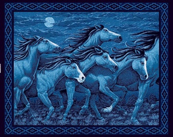 Wild Horses Thunder Ridge Quilt top Wall hanging Panel-Blue