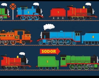 Riley Blake~All Aboard with Thomas and Friends~Train Line~Navy~Cotton Fabric by 2/3 Yard Lengths C11006R-NAVY