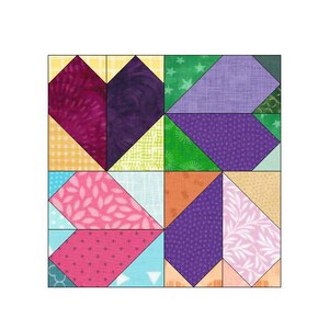 May include: A quilt block with a heart shape in the center, surrounded by various colored squares and triangles. The heart is made of two shades of purple fabric, and the surrounding squares and triangles are in shades of pink, green, blue, orange, and yellow.
