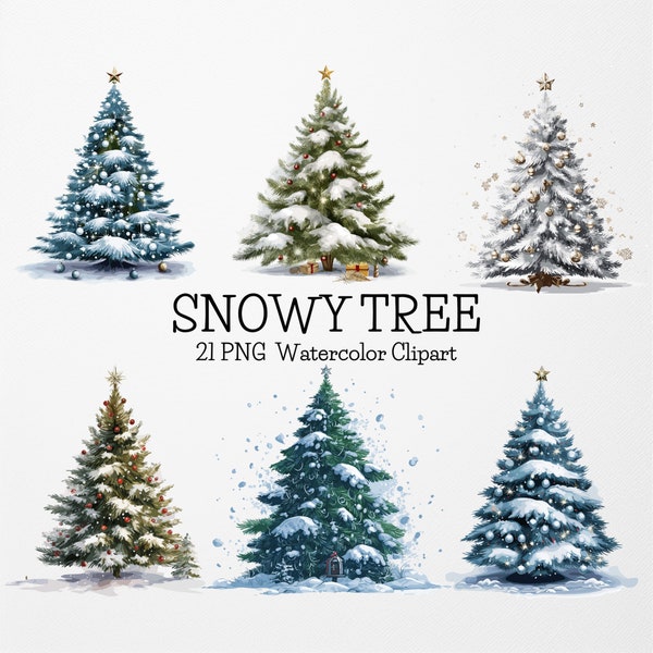 Christmas Snowy Tree Clipart,21 High Quality PNG,Watercolor Christmas Clipart,Christmas Tree