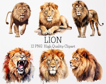 Watercolor Lion Clipart Bundle,12 Transparent Background High Quality PNGs,Watercolor Safari Animals Clipart PNGs