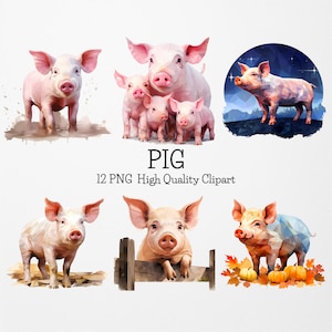 Pig Clipart PNG Bundle,12 Transparent Background High Quality PNGs,Farm Animals Clipart PNGs,Cute Watercolor Pig,Pig Art