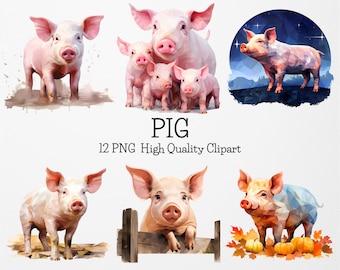May include: A set of 12 digital clipart images featuring pink pigs in various poses. The pigs are depicted in a watercolor style with a polygonal effect. The images are perfect for use in digital scrapbooking, card making, and other craft projects.