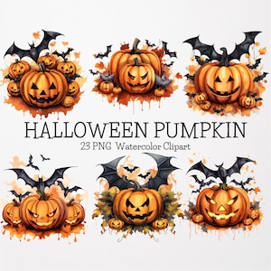 Halloween Pumpkin Clipart,23 High Quality PNG,Watercolor Halloween Clipart,Halloween