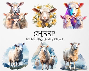 Aquarel schapen clipart bundel, 12 transparante achtergrond hoge kwaliteit PNG's, aquarel boerderijdieren clipart PNG's