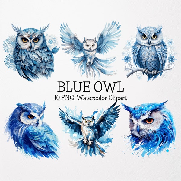 Watercolor Blue Owl Clipart,10 High Quality PNGs,Pastel Animal Clipart,Paper Craft,Junk Journal,Scrapbook,Planner