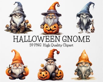Könnte beinhalten: Satz von sechs Halloween-Gnom mit orangefarbenen und schwarzen Hüten, weißen Bärten und halten Kürbisse. Die Gnome tragen braune Hosen und schwarze Schuhe. Der Text "HALLOWEEN GNOME" und "59 PNG High Quality Clipart" wird unter den Gnomen angezeigt.