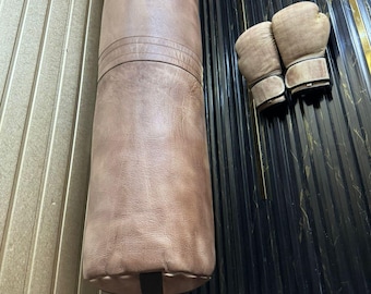 Sacco da boxe in pelle vintage beige per appassionati di palestra e MMA, sacco da boxe in pelle di mucca, sacco di sabbia, sacco pesante, allenamento di kickboxing, regalo per lui