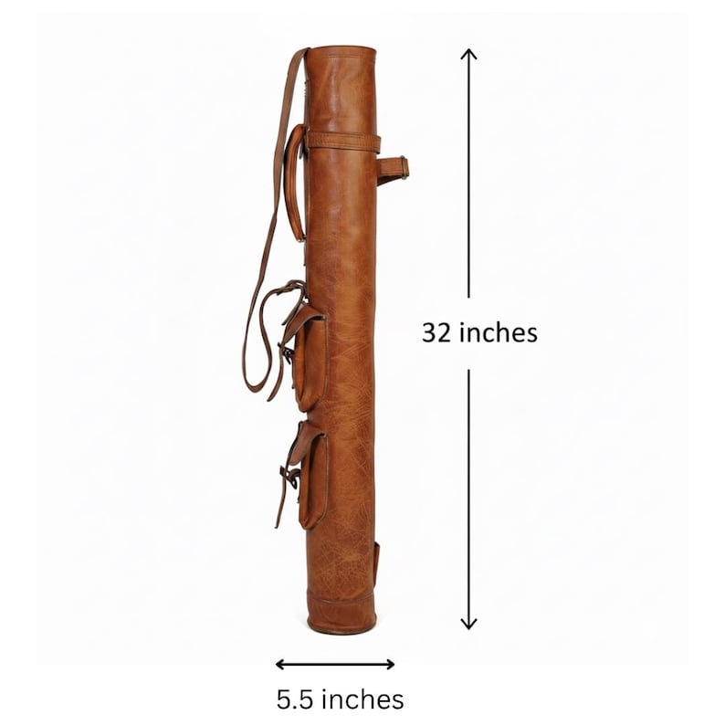 Side view of leather golf bag showing the dimension that is approx. 32 inches long and have a diameter of 5-5 inches.