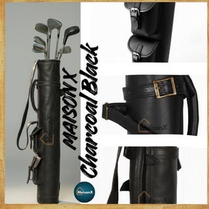 Charcoal black color One of the 8 colors available of vintage leather buffalo hide leather golf bag. Handmade personalized golf gift for golfer. A great retirement gift, christmas gift ideas for him, gift for him. Vintage tan leather golf bag made of real leather with golf clubs inside the bag. golf bag have 2 pockets and brass accessories. engraving option is also available for this golf bag.