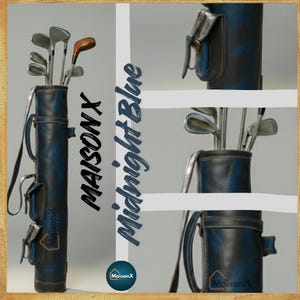 dark blue and black color combination of leather golf bag, with zoom in images of pockets, handle and strap. The bag is made purely of leather with waxed finished giving it an aggressive look. On the right there is full golf bag image with clubs in it. showing a perfect gift idea for golf lovers