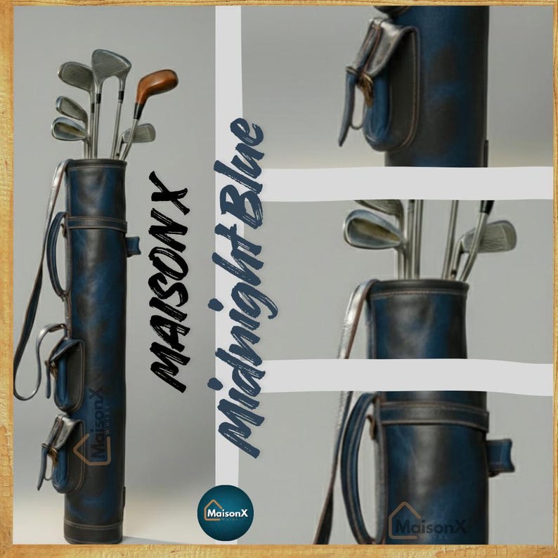 dark blue and black color combination of leather golf bag, with zoom in images of pockets, handle and strap. The bag is made purely of leather with waxed finished giving it an aggressive look. On the right there is full golf bag image with clubs in it. showing a perfect gift idea for golf lovers