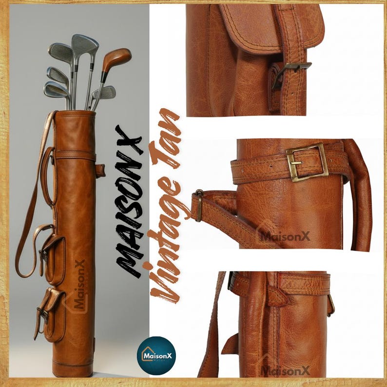 Vintage tan color of golf leather bag for sunday golf. luxury golf bag.One of the 8 colors available of vintage leather buffalo hide leather golf bag. Handmade personalized golf gift for golfer. A great retirement gift, christmas gift ideas for him, gift for him. Vintage tan leather golf bag made of real leather with golf clubs inside the bag. golf bag have 2 pockets and brass accessories. engraving option is also available for this golf bag.