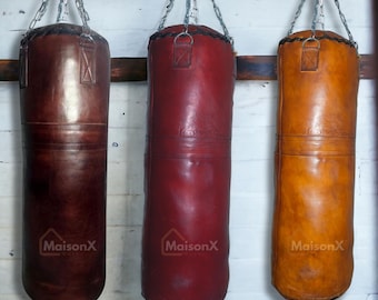 Einzigartiger Boxsack aus reinem Vintage-Leder für Fitnessstudio- und MMA-Enthusiasten, Boxsack aus Rindsleder, Sandsack, schwerer Sack, Kickbox-Training, Geschenk für Ihn