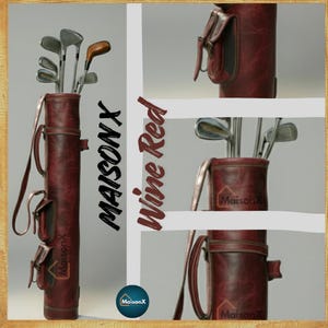 wine red golf bag made of leather. a very unique and special golf bag. first time ever in this color combo in original leather.  on the right there is zoom in images of pockets, handle and strap. on the right there is full image of leather golf bag with golf clubs inside. a new gift for golf lovers