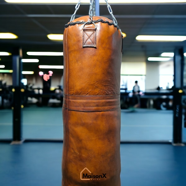 Bolsa de boxeo de cuero vintage puro única para entusiastas del gimnasio y MMA, bolsa de boxeo de cuero de vaca, bolsa de arena, bolsa pesada, entrenamiento de kickboxing, regalo para él