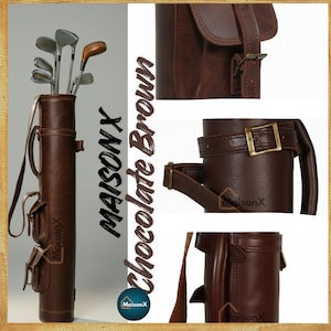 Dark brown One of the 8 colors available of vintage leather buffalo hide leather golf bag. Handmade personalized golf gift for golfer. A great retirement gift, christmas gift ideas for him, gift for him. Vintage tan leather golf bag made of real leather with golf clubs inside the bag. golf bag have 2 pockets and brass accessories. engraving option is also available for this golf bag.