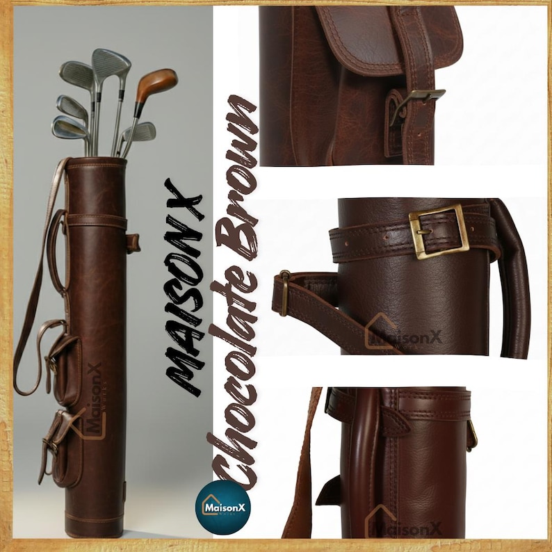 Dark brown One of the 8 colors available of vintage leather buffalo hide leather golf bag. Handmade personalized golf gift for golfer. A great retirement gift, christmas gift ideas for him, gift for him. Vintage tan leather golf bag made of real leather with golf clubs inside the bag. golf bag have 2 pockets and brass accessories. engraving option is also available for this golf bag.