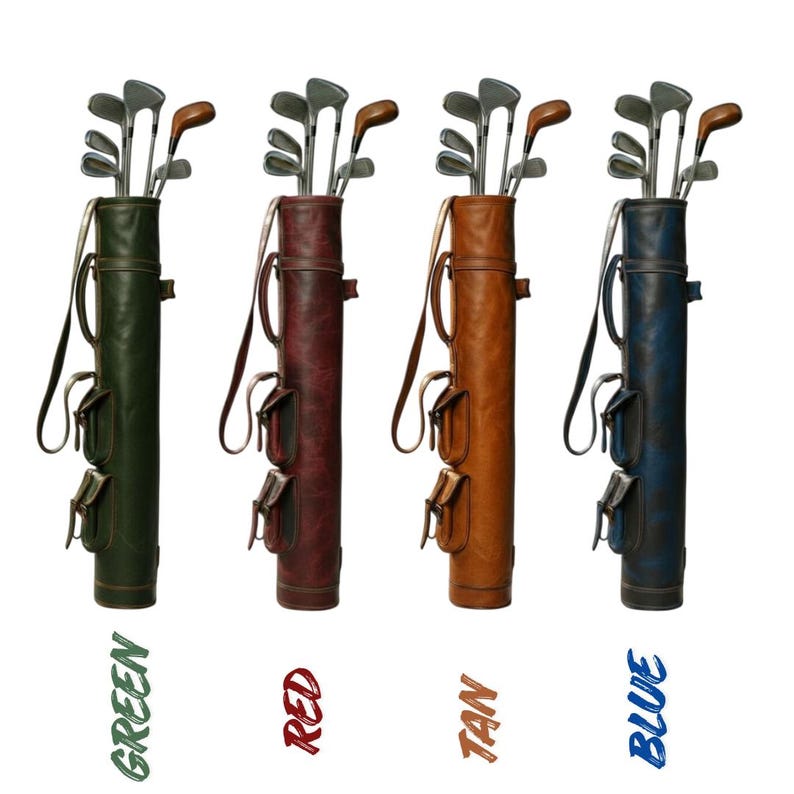 Green ,red, tan and blue colors of golf bag with golf clubs inside.One of the 8 colors available of vintage leather buffalo hide leather golf bag. Handmade personalized golf gift for golfer. A great retirement gift, christmas gift ideas for him, gift for him. Vintage tan leather golf bag made of real leather with golf clubs inside the bag. golf bag have 2 pockets and brass accessories. engraving option is also available for this golf bag.