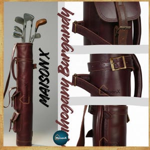 Special burgundy color leather golf bag for sunday golf club. right side has 3 zoom in pictures of burgundy leather golf bag which shows pockets, strap and a handle.One of the 8 colors available of vintage leather buffalo hide leather golf bag. Handmade personalized golf gift for golfer. A great retirement gift, christmas gift ideas for him, gift for him. Vintage tan leather golf bag made of real leather with golf clubs inside the bag. golf bag have 2 pockets and brass accessories.