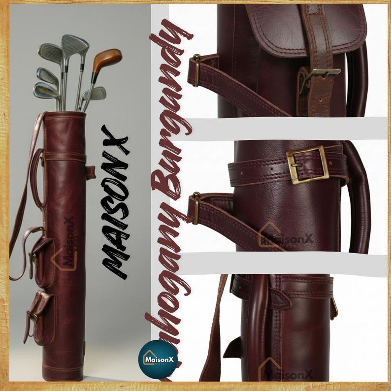 Special burgundy color leather golf bag for sunday golf club. right side has 3 zoom in pictures of burgundy leather golf bag which shows pockets, strap and a handle.One of the 8 colors available of vintage leather buffalo hide leather golf bag. Handmade personalized golf gift for golfer. A great retirement gift, christmas gift ideas for him, gift for him. Vintage tan leather golf bag made of real leather with golf clubs inside the bag. golf bag have 2 pockets and brass accessories.