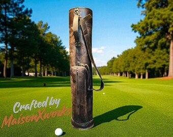 Custom Vintage Leather Pencil Golf Bag | Slim Golf Club Holder | 36” Compact Carry Bag with Strap | Personalized Minimalist Golf Gift