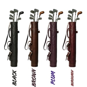 Black, brown, Purple and burgundy colors of leather golf bags with golf clubs inside.One of the 8 colors available of vintage leather buffalo hide leather golf bag. Handmade personalized golf gift for golfer. A great retirement gift, christmas gift ideas for him, gift for him. Vintage tan leather golf bag made of real leather with golf clubs inside the bag. golf bag have 2 pockets and brass accessories. engraving option is also available for this golf bag.