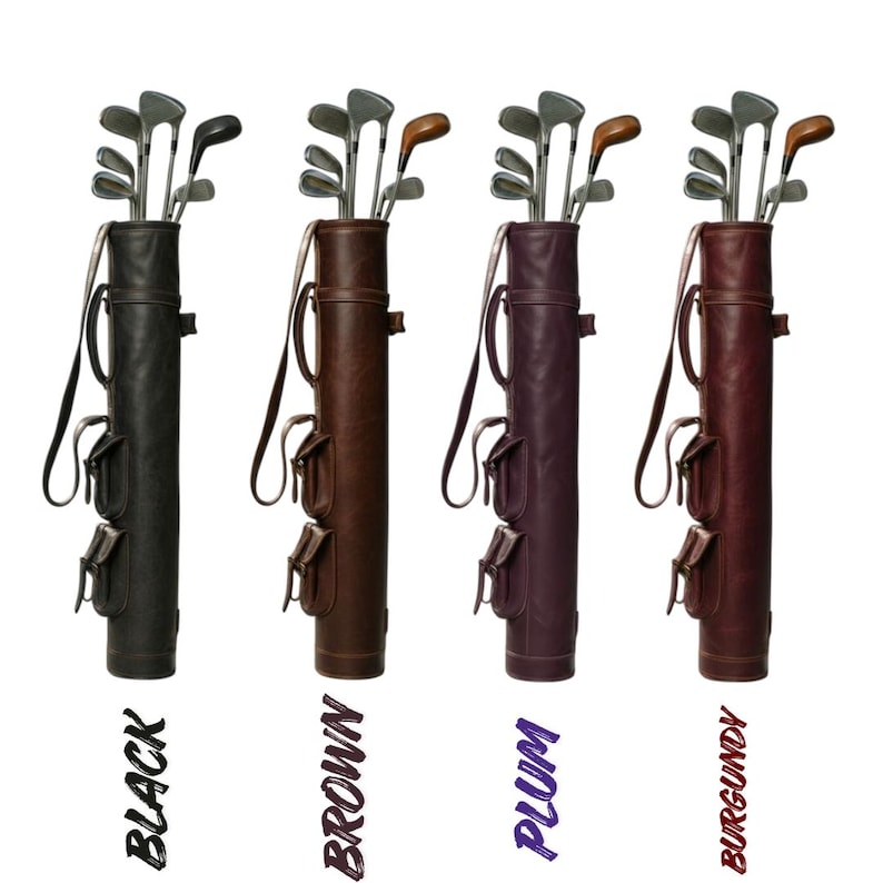Black, brown, Purple and burgundy colors of leather golf bags with golf clubs inside.One of the 8 colors available of vintage leather buffalo hide leather golf bag. Handmade personalized golf gift for golfer. A great retirement gift, christmas gift ideas for him, gift for him. Vintage tan leather golf bag made of real leather with golf clubs inside the bag. golf bag have 2 pockets and brass accessories. engraving option is also available for this golf bag.