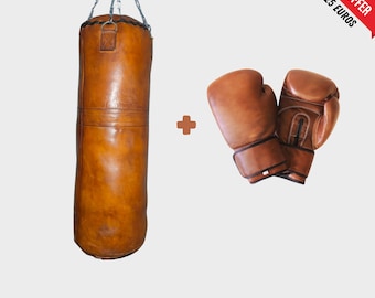 Set da boxe in pelle di vacchetta color cuoio vintage: sacco pesante e guanti