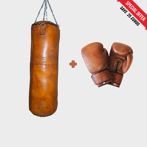 Vintage Tan Leder Boxen Kombination für Gym & MMA Enthusiasten, Rindsleder Boxtasche, Sandsack, schwere Tasche, Leder Boxhandschuhe, Geschenk für ihn