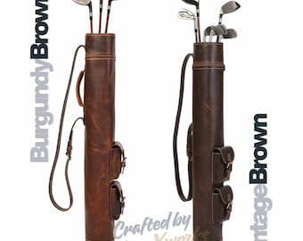 Vintage Leather Golf Bag, Handmade Brown Leather Golf Stand with Pockets & Strap, Retro Golf Club Carrier, Unique Golfer Gift, gift for him