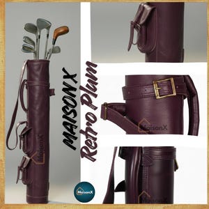 Dark purple color leather golf bag. especially created for ladies. Girl's golf bag. One of the 8 colors available of vintage leather buffalo hide leather golf bag. Handmade personalized golf gift for golfer. A great retirement gift, christmas gift ideas for him, gift for him. Vintage tan leather golf bag made of real leather with golf clubs inside the bag. golf bag have 2 pockets and brass accessories. engraving option is also available for this golf bag.