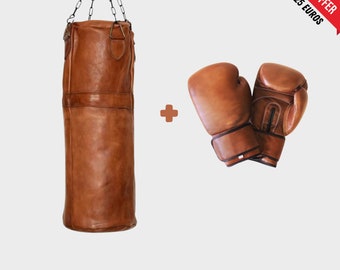 Combo de boxeo de cuero vintage para entusiastas del gimnasio y las MMA, bolsa de boxeo de cuero de vaca, bolsa de arena, bolsa pesada, guantes de boxeo de cuero, regalo para él