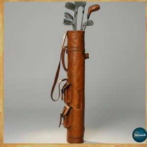 One of the 8 colors available of vintage leather buffalo hide leather golf bag. Handmade personalized golf gift for golfer. A great retirement gift, christmas gift ideas for him, gift for him. Vintage tan leather golf bag made of real leather with golf clubs inside the bag. golf bag have 2 pockets and brass accessories. engraving option is also available for this golf bag.