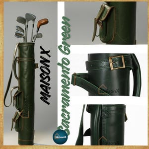 Dark green golf bag with zoom in images on right showing pockets, strap and handle.One of the 8 colors available of vintage leather buffalo hide leather golf bag. Handmade personalized golf gift for golfer. A great retirement gift, christmas gift ideas for him, gift for him. Vintage tan leather golf bag made of real leather with golf clubs inside the bag. golf bag have 2 pockets and brass accessories. engraving option is also available for this golf bag.