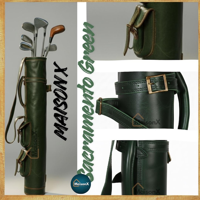 Dark green golf bag with zoom in images on right showing pockets, strap and handle.One of the 8 colors available of vintage leather buffalo hide leather golf bag. Handmade personalized golf gift for golfer. A great retirement gift, christmas gift ideas for him, gift for him. Vintage tan leather golf bag made of real leather with golf clubs inside the bag. golf bag have 2 pockets and brass accessories. engraving option is also available for this golf bag.