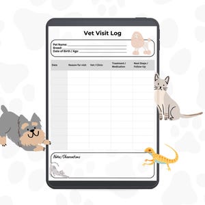 May include: A digital tablet displaying a "Vet Visit Log" template, with fields for pet information and visit details. Cartoon illustrations of a dog, cat, and lizard surround the tablet, suggesting a pet care theme.
