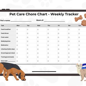 Puede incluir: Un gráfico de tareas para el cuidado de mascotas con el título "Pet Care Chore Chart - Weekly Tracker". El gráfico incluye espacios para el nombre de la mascota y la semana, con tareas como alimentación, juego y medicación. Se muestra un perro y un gato de dibujos animados.
