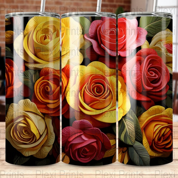 3D Art Yellow and Red Roses - 20 oz Skinny Tumbler Sublimation Design, Straight & Tapered Wrap, Tumbler Wrap, Tumbler PNG Instant Download