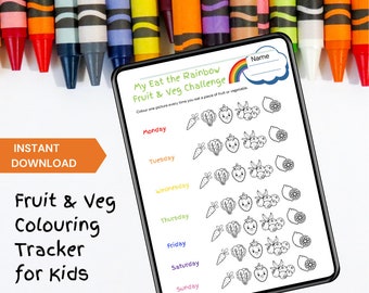 Kids Fruit & Veg Tracker. Healthy eating challenge. Colour in and eat the rainbow. Digital download to customise at home or print to use.