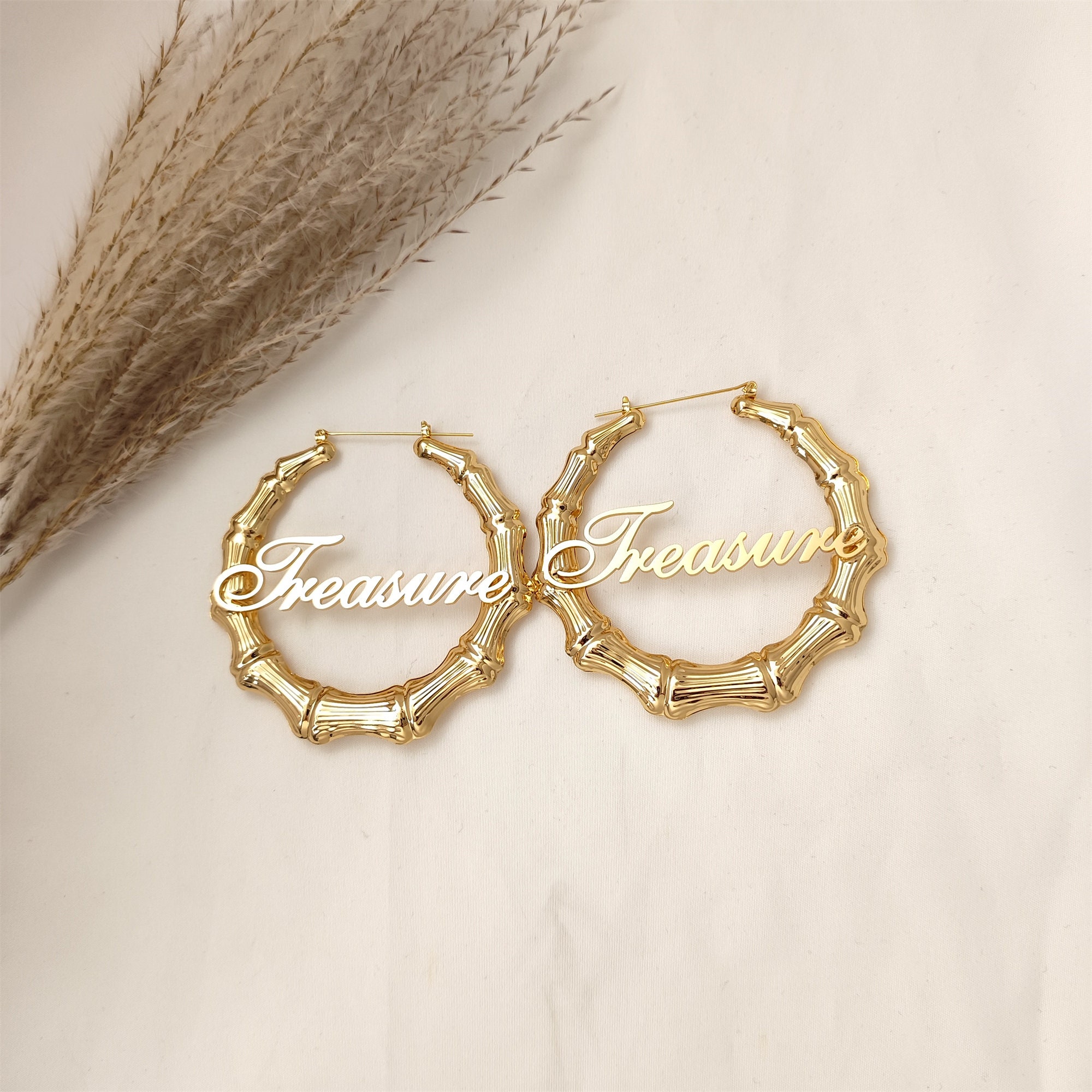50-100mm Personalized Bamboo Earrings Custom Hoops Earrings Customize Name Earrings