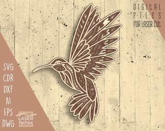 Colibri 3D multicouche SVG, fichier découpé au laser, téléchargement numérique instantané (ai, cdr, eps, png, dwg, dxf), mandala oiseau, colibri, décoration artisanale