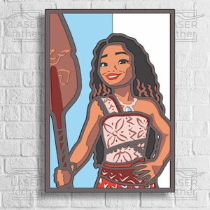 Puede incluir: Una ilustración digital de un personaje de dibujos animados, una mujer polinesia con el pelo largo y oscuro, que lleva una blusa con estampado floral y una falda roja, sosteniendo una pala de madera. El fondo es un degradado de azul claro y blanco.