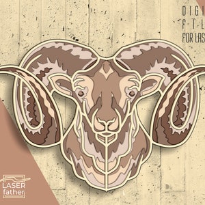 May include: A detailed illustration of a ram's head with large curled horns. The image is in a layered style, with different shades of brown and beige. The ram's head is facing forward, with its eyes closed. The image is suitable for laser cutting.