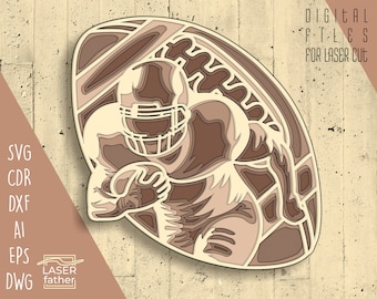 Football américain 3D en couches SVG, téléchargement numérique, découpe laser, ballon de sport, saison des touchdowns, jeu de sport, fichiers svg ai cdr eps png dwg dxf