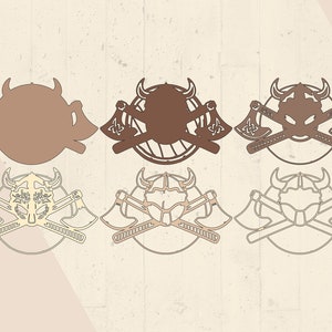Peut inclure: Six designs diff&eacute;rents d'un casque viking avec des haches crois&eacute;es. Les casques sont dans diff&eacute;rentes nuances de brun et de beige.